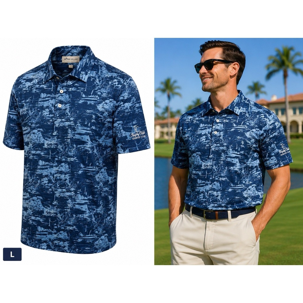 Peter Millar Summer Comfort Golf Polo Mens L Blue Trophy County Club Logo Preppy